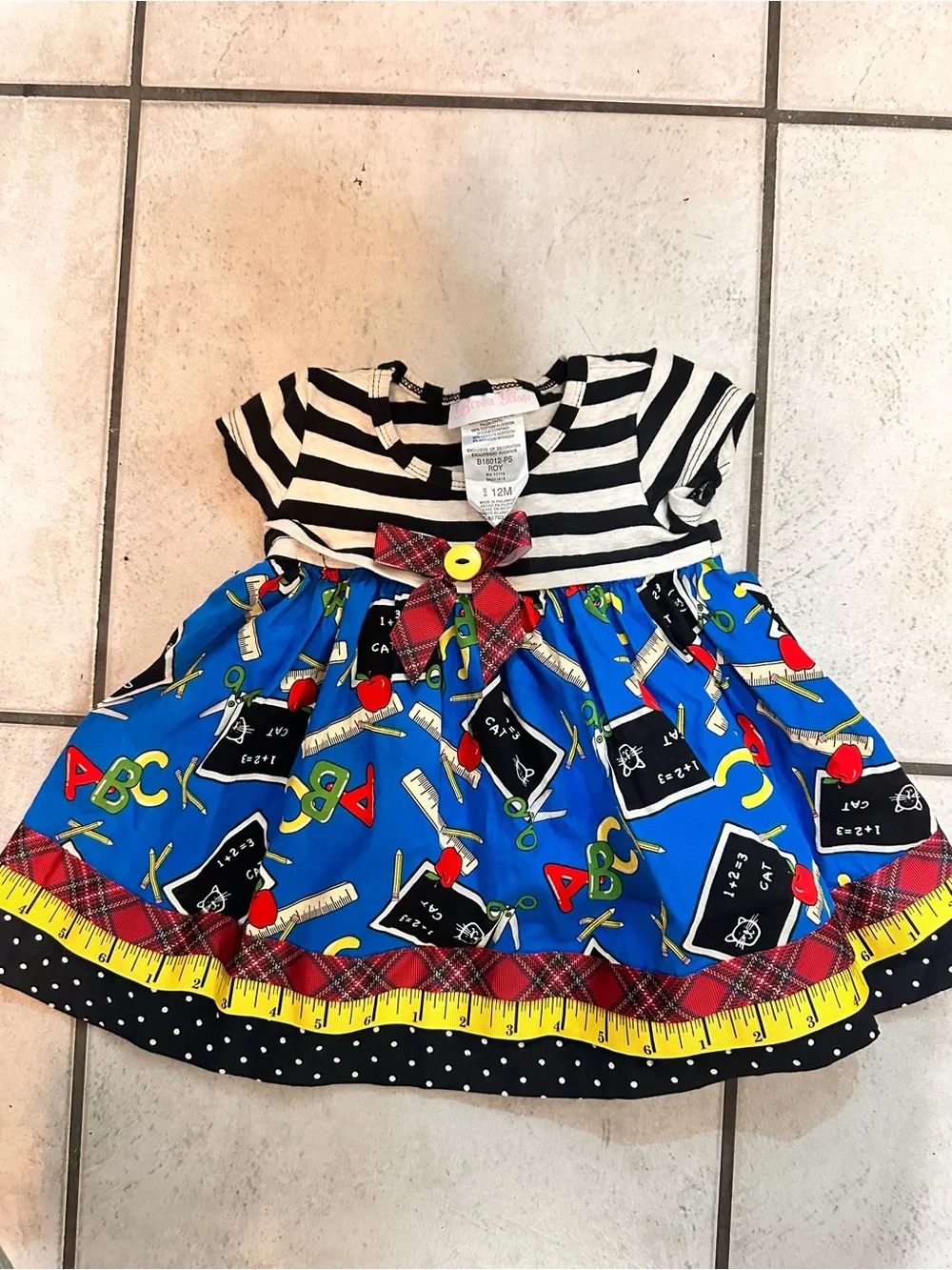 Bonnie Baby 12 M Girls Striped Top School-Themed Blue Skirt Dress Back to School